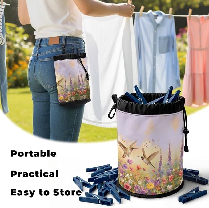 Hummingbird Floral Clothespin Bag for Clothesline Outdoor, Clothes Pin Bag with Drawstring Closure, Moisture Resistant, Large Capacity Laundry Clothespin Storage with Hook