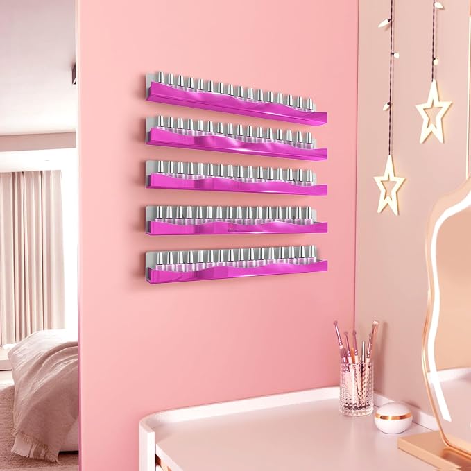 Wall-Mounted Nail Polish Organizer Rack - 15 Inch Pink Mirror Finish Nail Polish Shelf, Makeup & Beauty Essentials Storage - Multi-Purpose Display Holder for Small Space, Vanity Bathroom, 6 Pack
