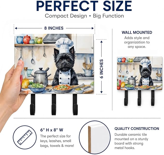 Caroline's Treasures Cairn Terrier The Chef Leash or Key Holder Wall Hooks, Key Hooks Holder, Coat Rack Wall Mount, Coat Hooks, Hooks for Hanging Keys, Towels, Aprons, Leashes | Cairn Terrier The Chef artwork on ceramic tile with three steel hooks for ...