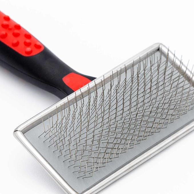 Jeffers Pet Non Slip Slicker Grooming Brush – Soft Flexible Pins, Red & Black Handle. Detangling Grooming Tool for Dogs & Cats w/Short, Long, Thick & Curly Coats, Easy Storage, Travel Size - Medium