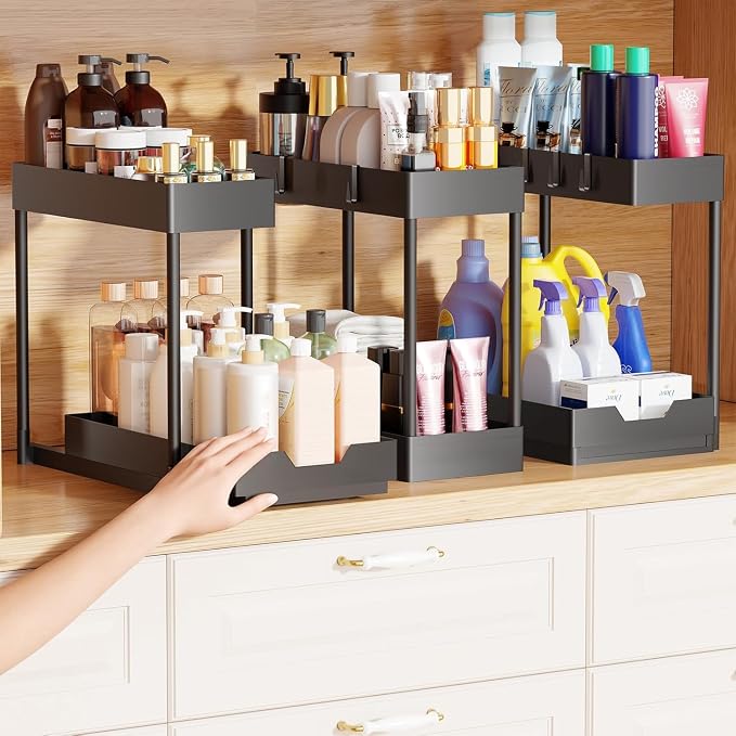 Simple Trending Under Sink Organizer 3 Pack 2-Tier Pull-Out Storage Cabinet | Multi-Use Sink Sliding Under Shelf Organizer with Hooks, for Kitchen Bathroom, Space Saving, Easy Assembly, Black