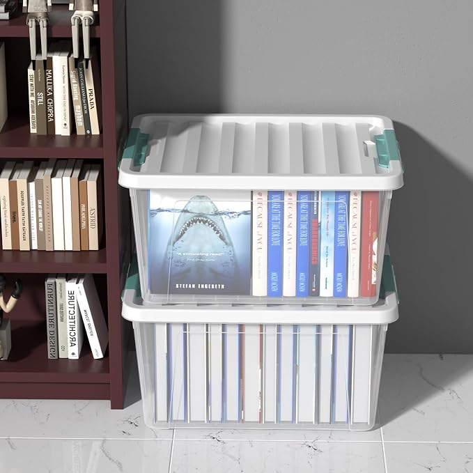 35 Quart Stackable Plastic Clear Storage Bins with Lids, 6 Packs | Plastic Latching Organization Tote Boxes