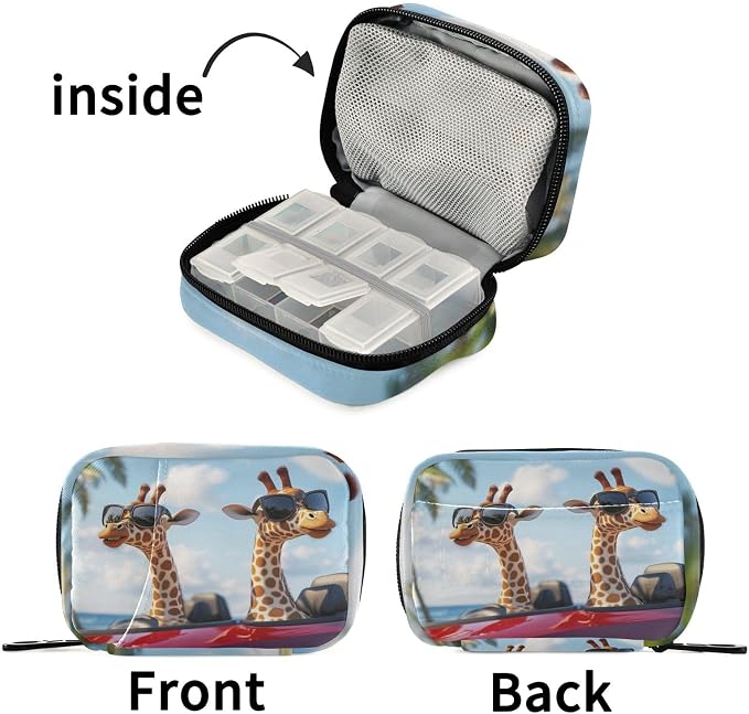 Fustylead 3D Funny Giraffes Driving Car Travel Pill Case Bag with Zipper Weekly Pill Box 8 Compartments 7 Day Personal Pill Case Purse Medicine Case Organizer