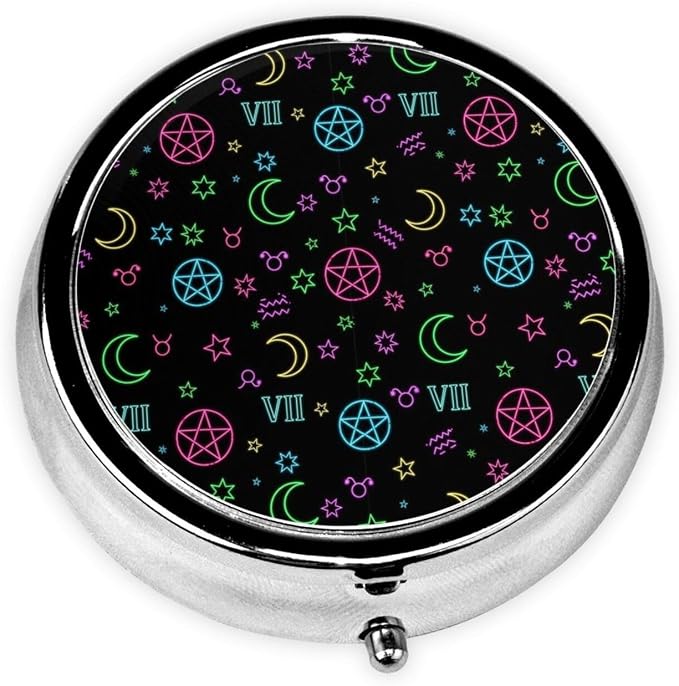 Purse Pill Organizer, Round Portable Case, Waterproof Holder for Vitamins, Mini Travel Box for Urban Commuters, Witch Magic Sun Moon Star Alchemical Cosmic Signs Witchcraft