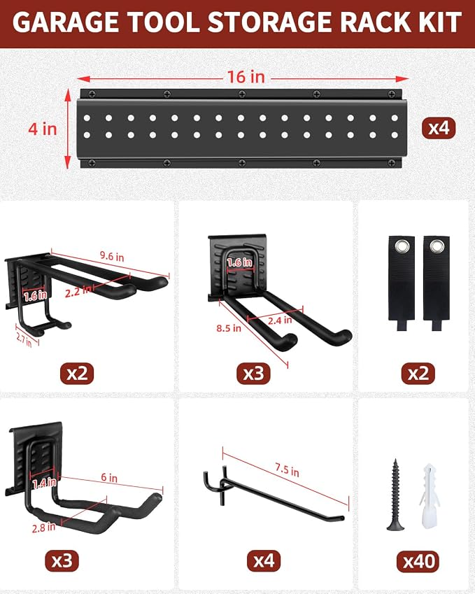 Garage Tool Organizer Wall Mount, 64in Tool Rack, 560LBS Capacity | Thick Steel, 12 Hooks in 4 Types, Rustproof Waterproof, Soft Anti-Scratch Hooks, With Storage Straps, For Garden Tool Storage