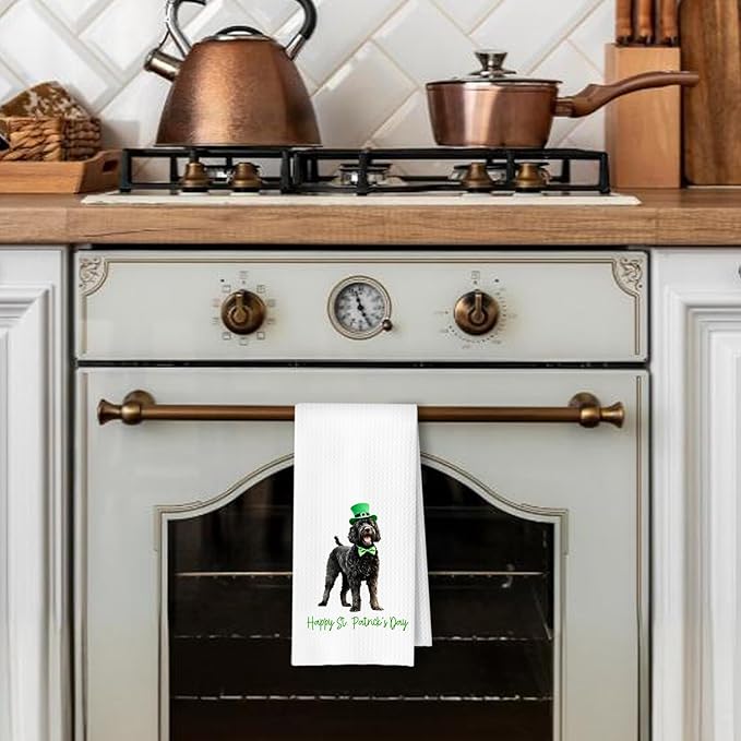 St. Patrick's Day Black Goldendoodle Kitchen Towels, Black Goldendoodle Gifts Dish Tea Towel for Kitchen, Irish Leprechaun Hat Dog Hand Towels for Bathroom Decor, 16x24 Inches