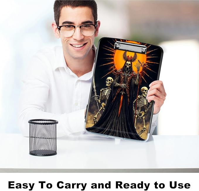 A4 Clipboard with Storage Pen Holder, Clipboards Organizer Nursing Clipboard Foldable File Folder Plastic Clipboard Folio Clip Board for Office Work Classroom Doctor, Dark Skull Knight