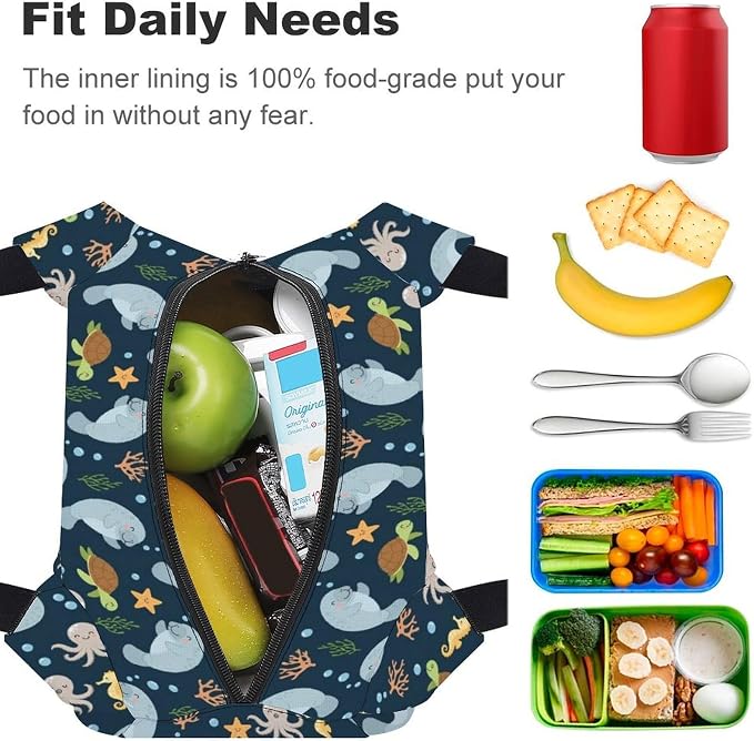 Leakproof Insulated Tote, Cute Gray Manatee | Large Capacity Lunch Bag, Cooler Tote Handbag for Work Picnics Camping, Cute Sturdy Meal Bags