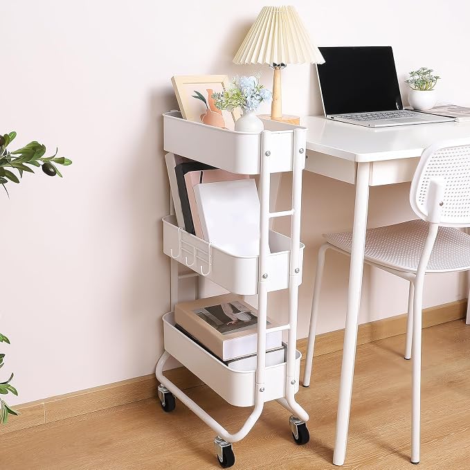 MAX Houser Slim 3-Tier Rolling Utility Cart with Extra Hook, White | Narrow Metal Bathroom Storage Multifunctional Organizer Carts with Wheels with Extra Hook, Laundry Room,Kitchen,Small Space