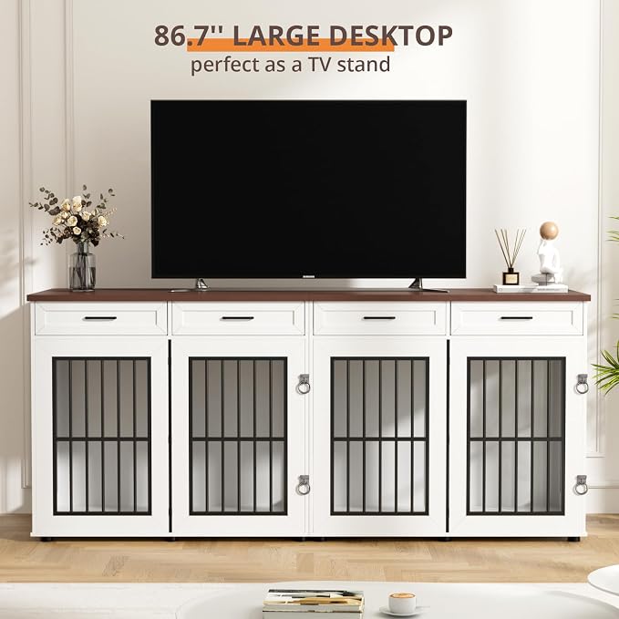 VOWNER 87" Dog Crate Furniture for 2 Dogs, Double Dog Cage Furniture, White | Extra Large Wooden Dog Kennel with 4 Drawer, Removable Divider, Furniture-Style TV Stand, XXL Dog Crate for Large Medium Dogs