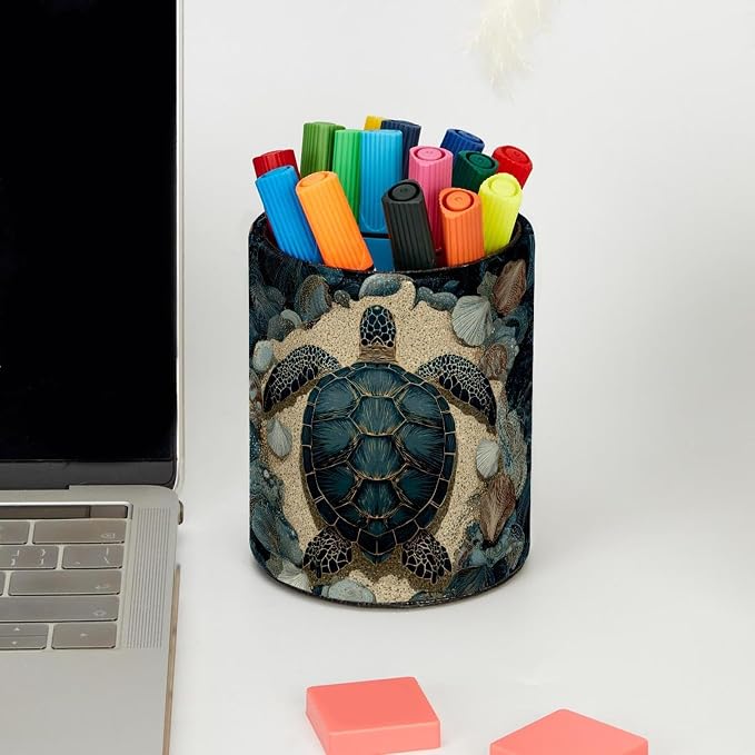 Faux Leather Pen Holder for Desk, Pencil Organizer Sea Turtle Pen Cup Desk Decor Makeup Brush Holder Storage for Office Home