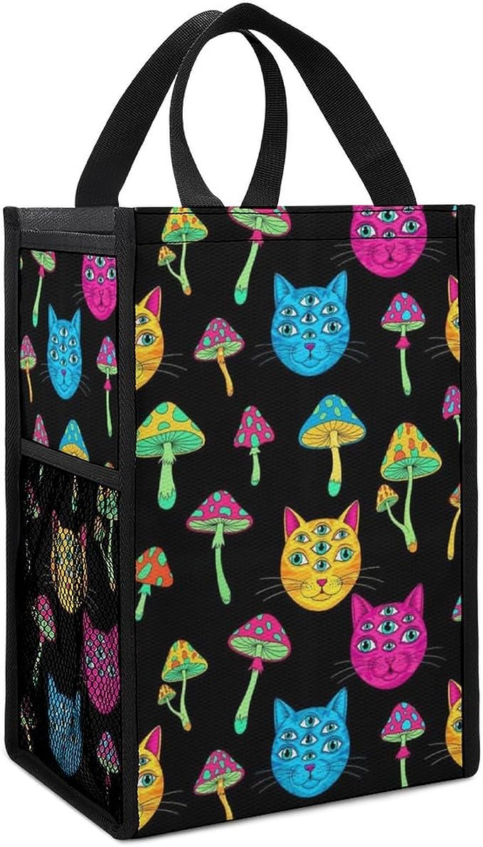Reusable Insulated Lunch Bag Thermal Food Containers Organizer Lunch Cooler Totes Compatible with Halloween Trippy Eyes Black Cat Mushrooms Lunchbox for Picnic Office