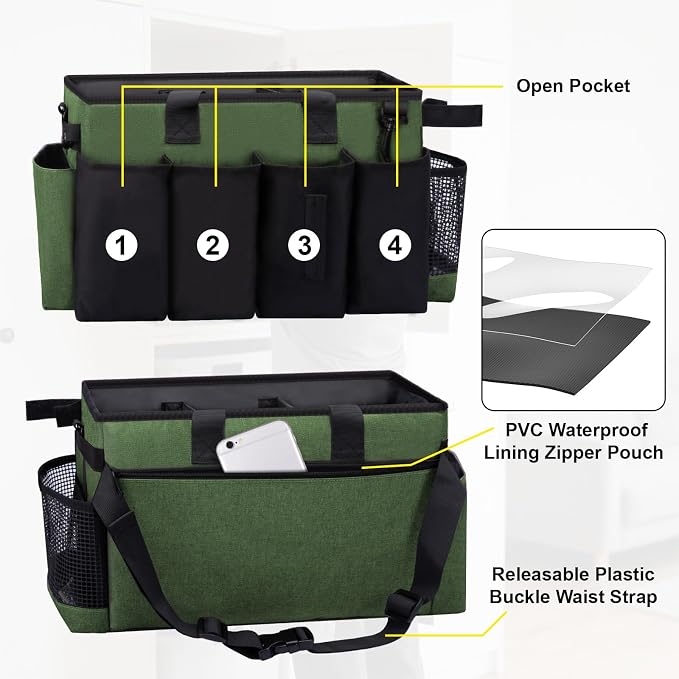 Wearable Large Cleaning Caddy Bag for Housekeepers (Green) | Cleaning Supplies Organizer with Adjustable Shoulder, Waist & Handle Straps, Detailing Bag for Kitchen Supplies