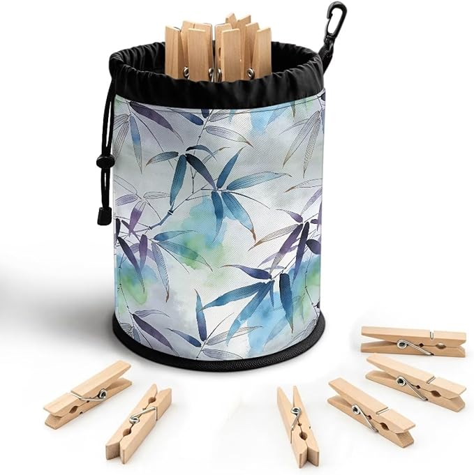 Clothespin Drawstring Bag, Bamboo Branch Print Portable Laundry Peg Organizer Pouch with Multi-Hang Design, Storage for Clips, Perfect for Drying Rack, Camping, Beach, Dorm