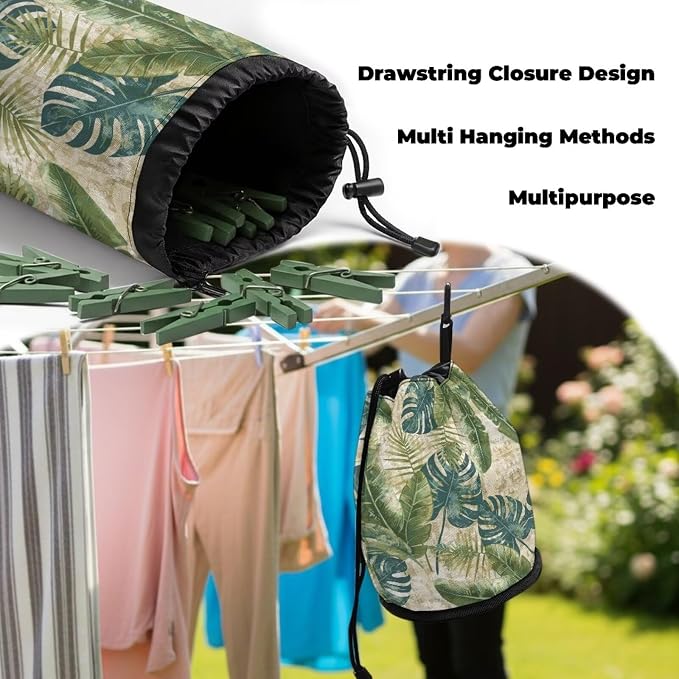 Tropical Leaf Clothespin Holder Bag, Drawstring Closure Laundry Accessory Organizer, Portable Peg Storage Pouch for Drying Rack, Perfect for Home, Camping & Travel