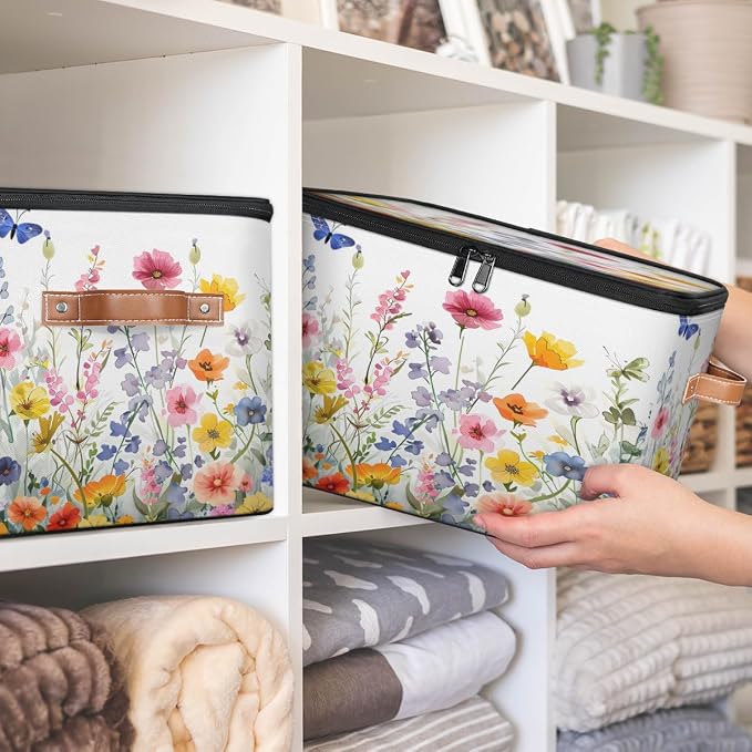 Pardick Storage Bin Wildflorals Flower Storage Baskets with Zipper Lid & Handle Foldable Closet Shelf Cloth Organizer Basket Cube Bins Clothes Organizer for Nursery, Bedroom