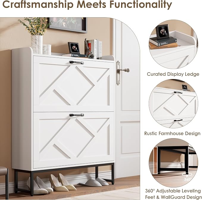 Shoe Storage Cabinet with 2 Flip Drawers, Entryway Cabinet, White | Slim Shoe Cabinet with Metal Legs, Narrow Farmhouse Shoe Organizer for Entryway, Foyer, Hallway, Wood Shoe Rack with Hook