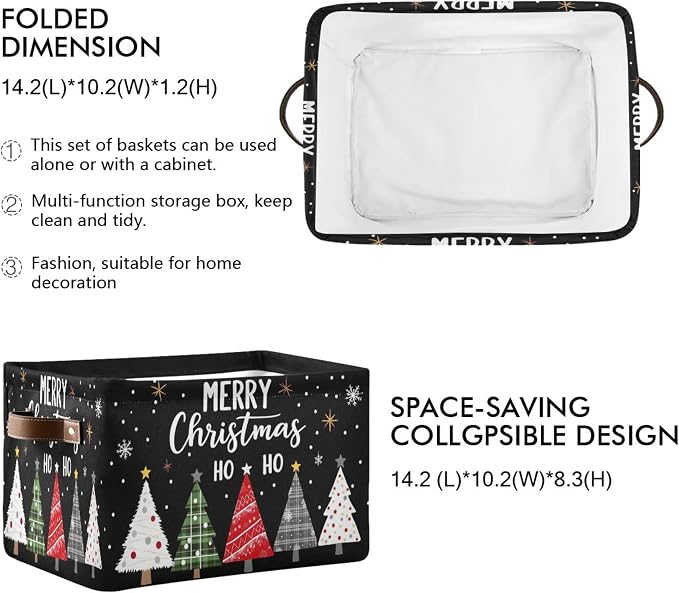 Merry Christmas Tree Black Storage Basket with Waterproof Liner and PU Handles Winter Snowflake Xmas Storage Bins Boxes 14.2" Collapsible Decorative Organizer Baskets for Bedroom Closet Office 2 Pack
