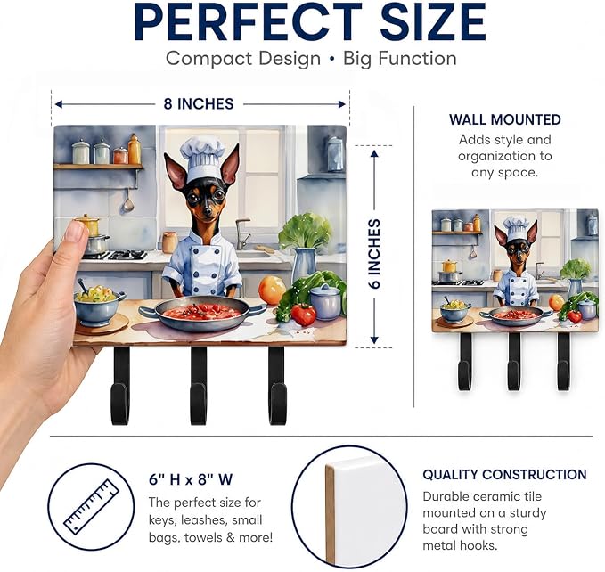 Caroline's Treasures Miniature Pinscher The Chef Leash or Key Holder Wall Hooks, Key Hooks Holder, Coat Rack Wall Mount, Coat Hooks, Hooks for Hanging Keys, Towels, Aprons, Leashes | Miniature Pinscher The Chef artwork on ceramic tile with three steel ...