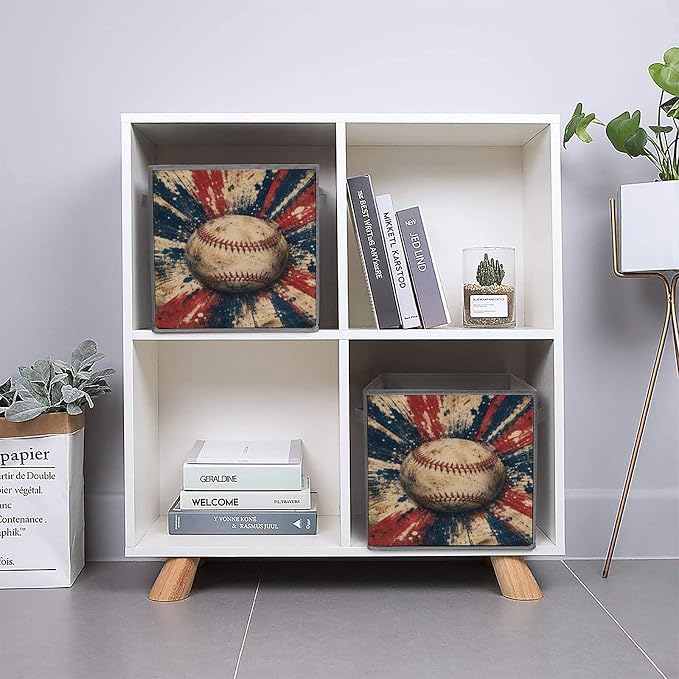 Baseball Vintage Grunge Art Storage Bin with Handles, Oxford Fabric Foldable Storage Cube Organizer for Clothes, Towels, Bedroom, Living Room, Home Organization