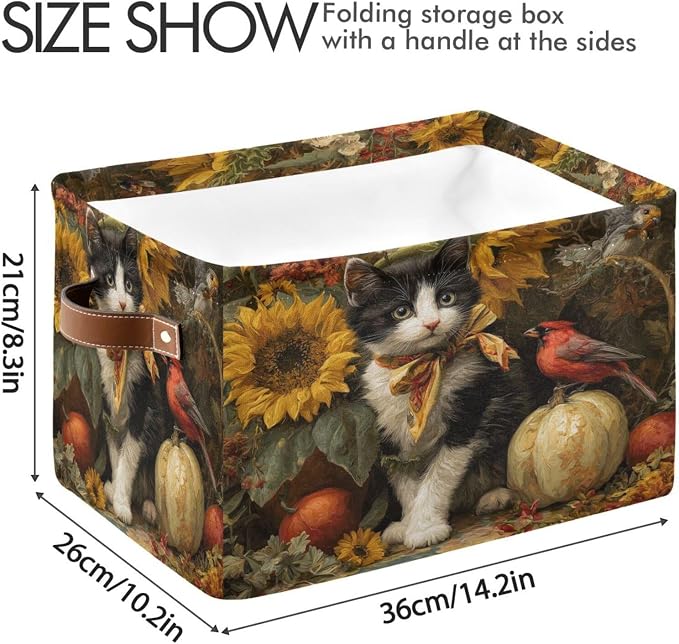 Fall Cat Yellow Sunflowers Rectangular Storage Bin Basket with Handles - Laundry Storage Basket Organizer Bins for Pets Room Books Closet