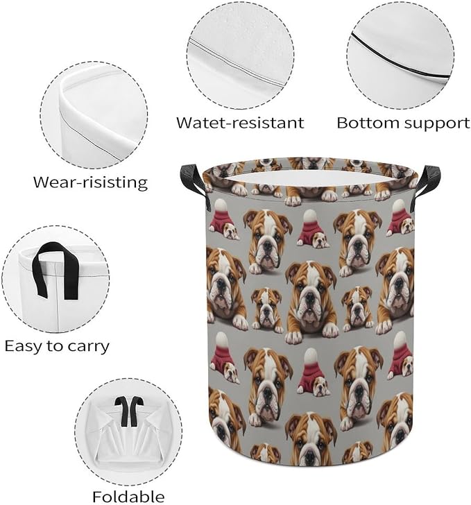 Foldable Laundry Storage with Handles English Bulldog Puppy Dog Art, Waterproof Hamper Basket for Clothing, Toys, and Home Organization
