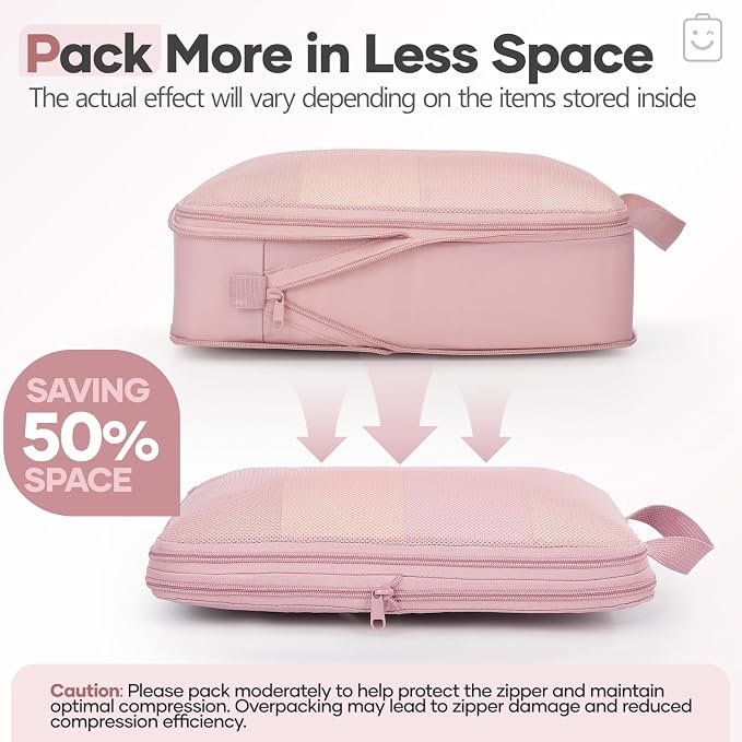 Veken 9/11 Set Compression Packing Cubes Garment Bags for Travel Essentials,Compressible Expandable Luggage Organizer Bags for Clothing,Space Saver Bags with Over 1000 pcs of Mesh Holes(Pink)