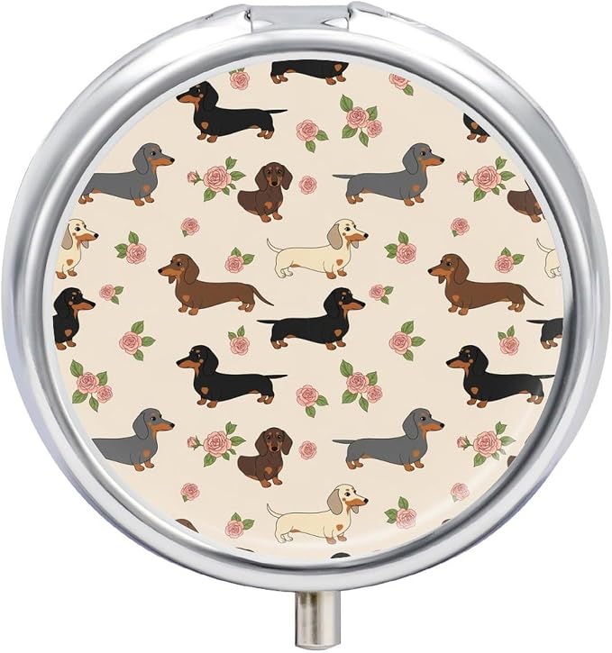 Travel Pill Box, Cute Dachshund Floral Round Portable Organizer, Small Case with Mirror, Pocket Purse Dispenser for Vitamins