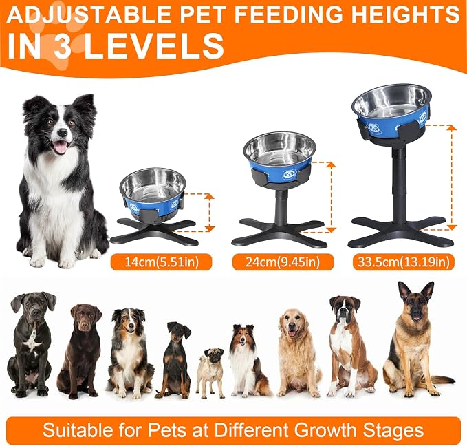 Dog Bowls Elevated Adjustable Stand, Raised Bowl with 3 Heights & Tilted Feeding Stand, Compatible with Various Bowls, for Medium & Large Breeds (with Bowl) Black