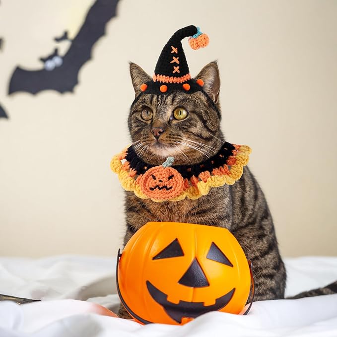Kunyeah Halloween Pet Costume Set for Cats Small Dog Adjustable Knitted Hat Scarf Pumpkin & Witch Print Puppy Bib Cute Crochet Cat Collar Cap Pet Apparel Outfit (Orange-Pumpkin)