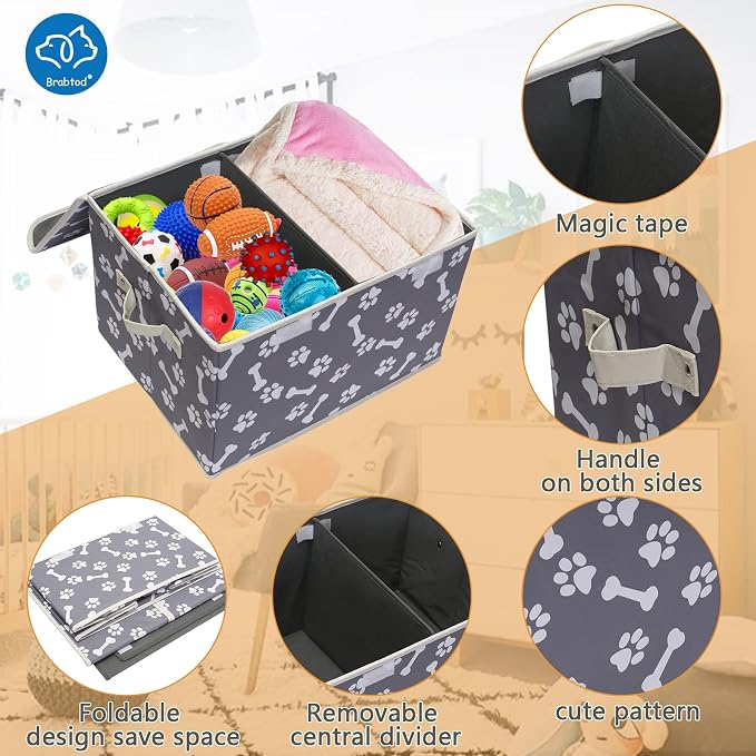 Large Dog Toys Storage Box Canvas Storage Basket Bin Organizer with Lid - Collapsible Linen Bin Ideal for Organizing Dog Cat Toys and pet Stuff-PP Boad-17" x 12" x 10" - Bone Claw