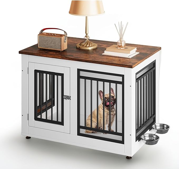 DWVO 35 Inch Dog Crate Furniture with Adjustable Feet & Removable Bowls | Dog Kennel Indoor Furniture End Table for Dogs, Modern Decorative Wooden Cage, Chew-Resistant, White
