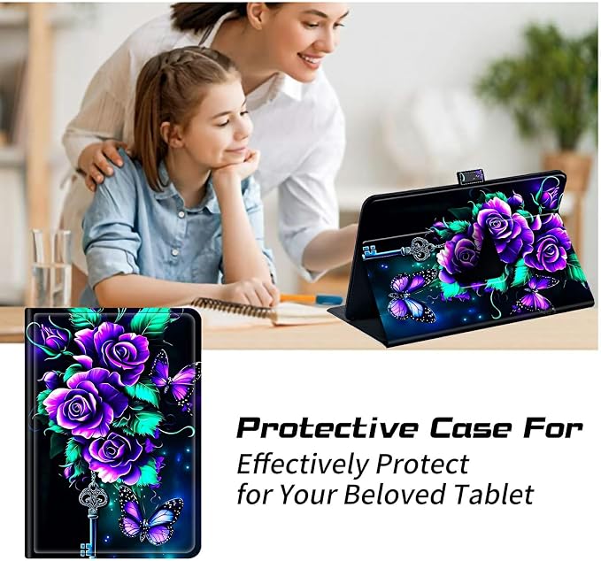 Universal Case for T-Mobile Revvl Tab 2 10.1" Model:9185W 2025/Revvl Tab 5G 10.36" 2023, 360 Degree Rotating Kickstand Protective Stand Leather Shell Cover for 9"-10.5", Purple Roses 02