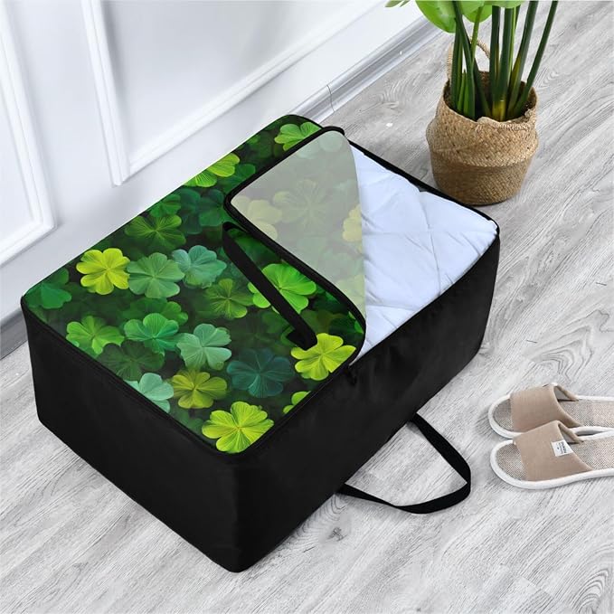 Comforter Storage Bags Large Folding Blanket Organizer Bag with Strong Handles Clear Window Closet Storage Containers for Clothes King Queen Pillows Bedding Quilt Duvet St Patrick Clovers Green