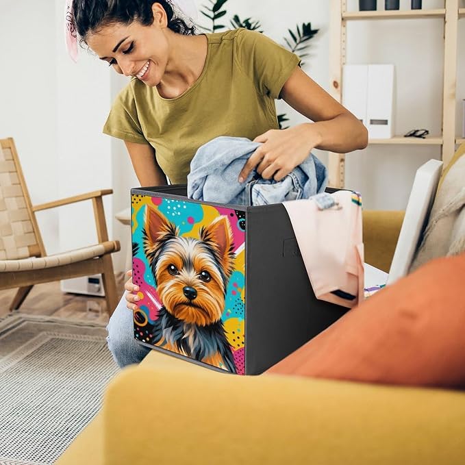Yorkie Dog Art Storage Bin with Handles, Oxford Fabric Foldable Storage Cube Organizer for Clothes, Towels, Bedroom, Living Room, Home Organization