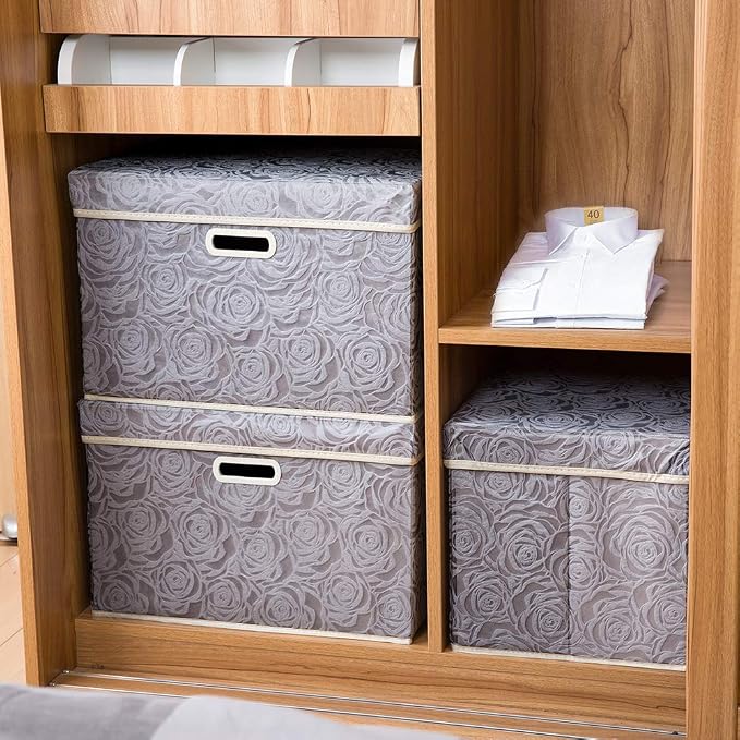 Larger Collapsible Storage Box with Lid [1-Pack] Fabric Decorative Storage Bin Cube Organizer Container Basket with Cover Handles for Bedroom Closet Living Room Gray 17.7x11.8x11.8 Inch