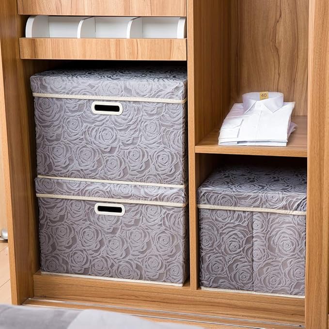 Large Storage Boxes with Lids [5-Pack] Fabric Decorative Storage Bins Cubes Organizer Containers Baskets with Handles for Closet Grey 17.5x11.8x11.8 In For 6+ Year Old Boys and Girls