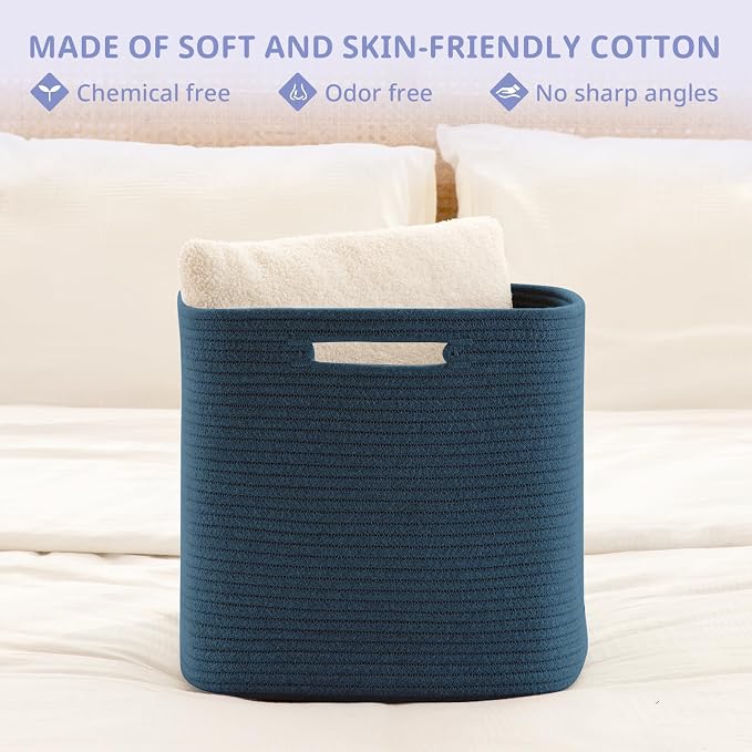 OIAHOMY 2 PACK Cube Storage Bin 13 Inch Collapsible Storage Cube Blue | Cube Storage Organizer Storage Bins for Shelves Baskets for Organizing Woven Rope Storage Baskets