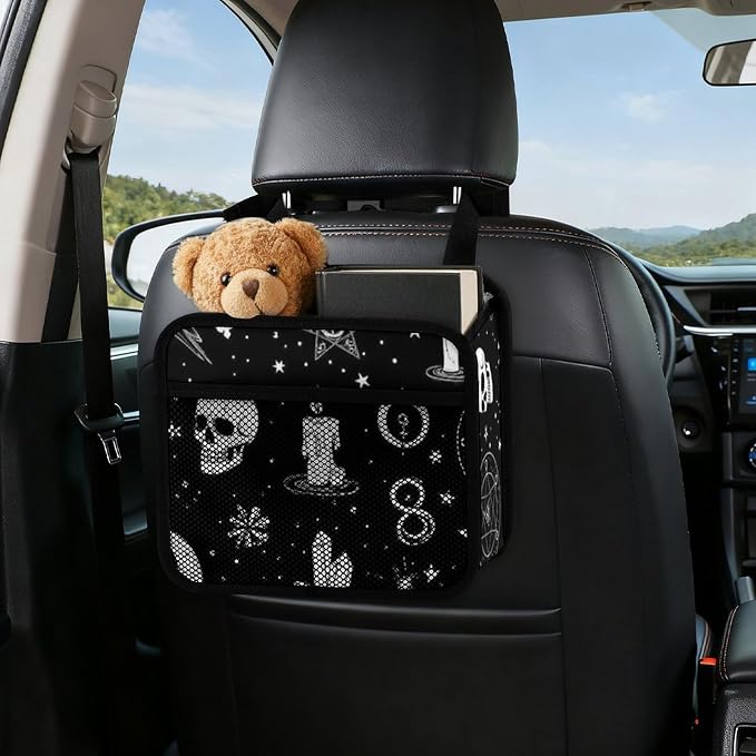 Car Seat Back Organizer Hanging Storage Pouch with Pockets, Gothic Trippy | Moon Skull Dark Black Cat Witch Magic Spirit Board, PU Leather Vehicle Backseat Accessories Space Saving, Universal Fit
