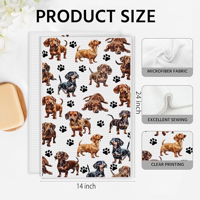 Funny Coffee Dachshund Waffle Weave Kitchen Towels, Quick Dry Multipurpose Hand Towels for Bathroom, Absorbent Reusable Cloth Tea Dish Towels for Home Decor, Dog Lover Gift Towel Set of 2