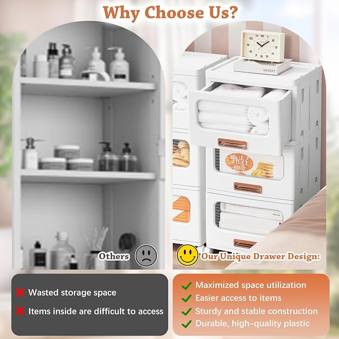 VECELO Plastic Storage Cabinet with Drawers, Stackable Storage Bins with Wheels, Waterproof Bathroom Storage Organizer, Multi-Tier Storage Drawers for Bedroom, Living Room, Kitchen, Medium 3-Tier