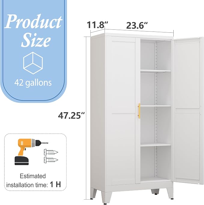 White Kitchen Pantry Cabinets, 48" Metal Storage Cabinet for Office | Steel Kitchen Pantry Storage with Doors and 3 Adjustable Shelves, for Office, Home, Garage, School