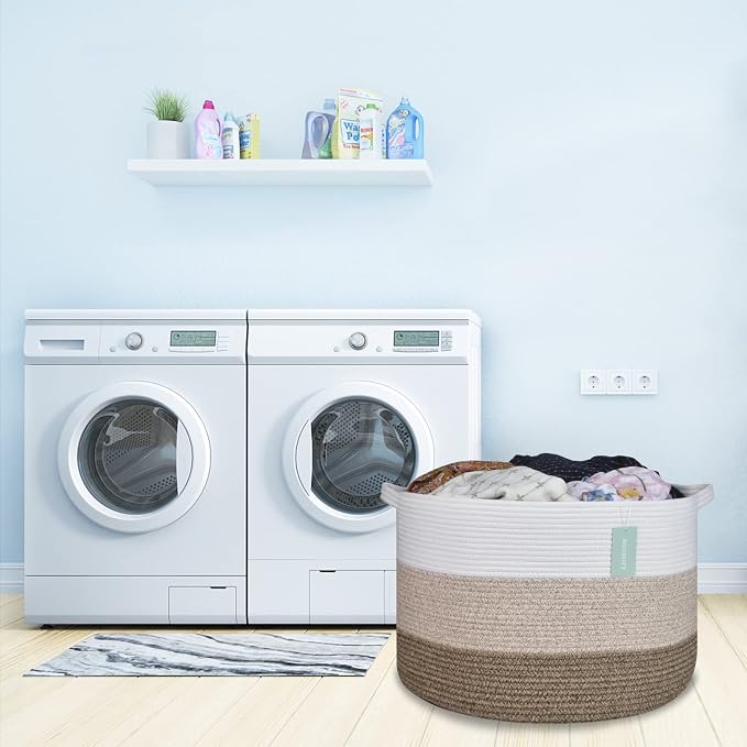 Cotton Rope Blanket Basket, 87L Laundry Hamper, White & Ombre Brown