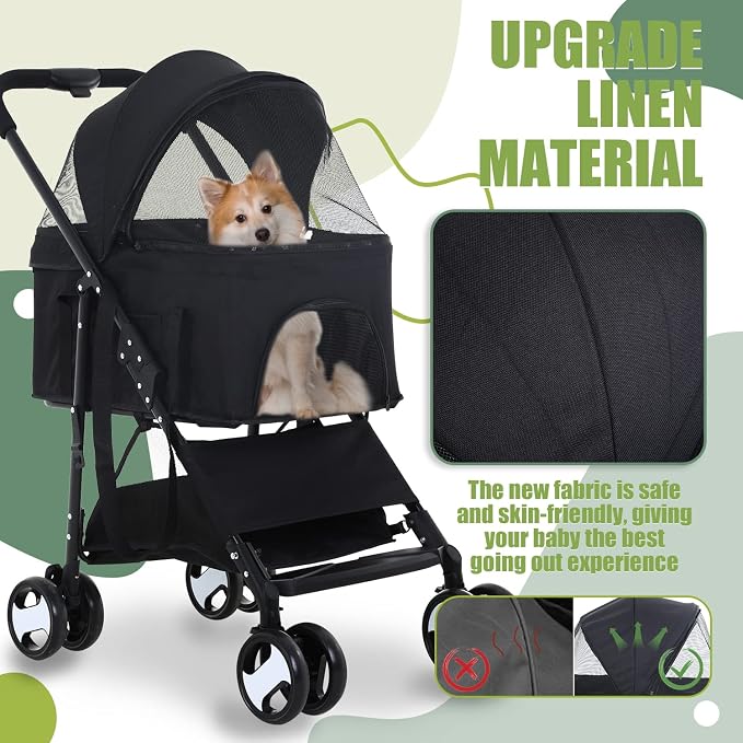 Dog Stroller 3-in-1 Folding Dog Stroller for Medium Small Dogs Pet Stroller Cat Stroller 4 Wheels with Detachable Carrier Storage Basket Waterproof Lightweight for Travel,Black