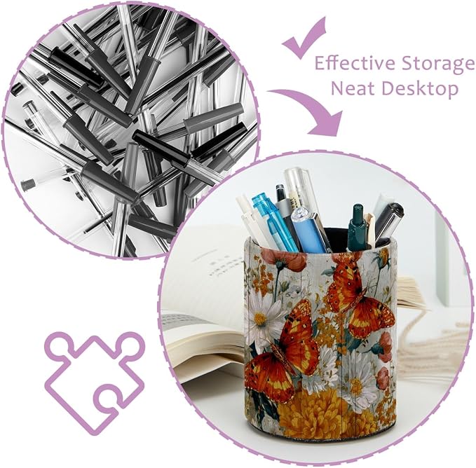 Butterflies on the Wooden Board Pen Holder, Pencil Cup Marker Brush Holder Desk Storage Case, Desktop Organizer for School Office Home Supplies