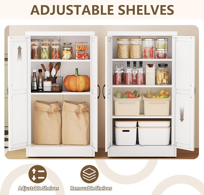 White Metal Storage Cabinet, 43" Kitchen Pantry Cabinets for Office | Steel Kitchen Pantry Storage with Doors and 3 Adjustable Shelves, Metal Tool Cabinet, for Office, Home, Garage, School