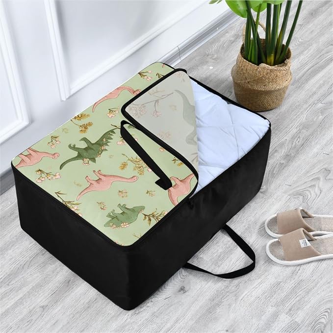Comforter Storage Bags Large Folding Blanket Organizer Bag with Strong Handles Clear Window Closet Storage Containers for Clothes King Queen Pillows Bedding Quilt Duvet Pink Flower Green Dinosa
