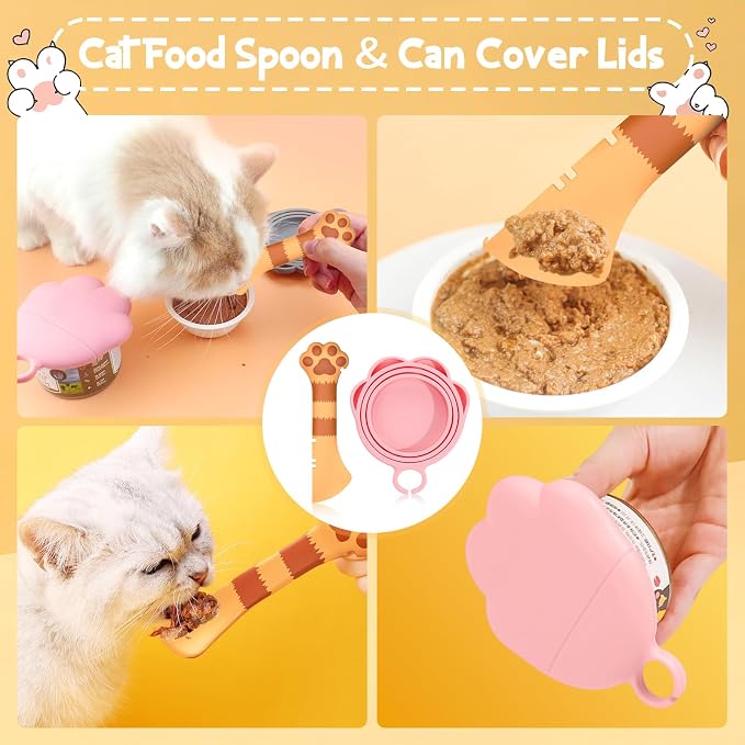 Kerros Cat Food Can Covers with Spoon, Silicone Pet Can Lids | Silicone Pet Food Can Lids with Cute Paw Spoon, for Cat and Dog Wet Food Cans, Storage and Serving