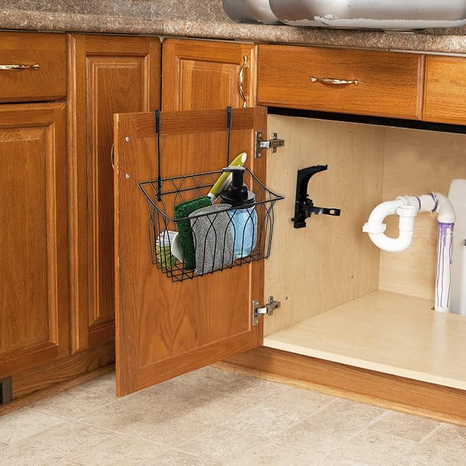 TOPZEA 2 Pack Grid Storage Baskets with Hooks, Metal Hanging Wire Basket Kitchen Over the Cabinet Door Organizer Caddy for Cutting Board, Kitchen Wrap, Foil, Cleaning Supplies, Bakeware, Towel