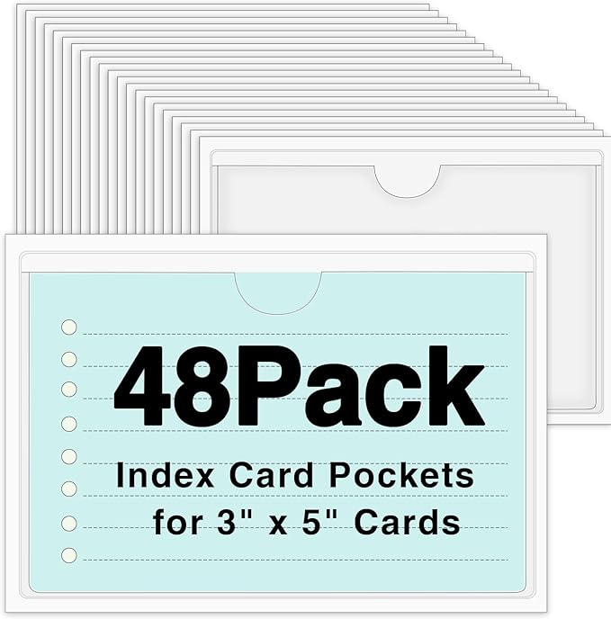 48 Pack Adhesive Index Card Holders, Clear 3 x 5 Label Pockets | Clear Pvc, Top-Loading Design, Sticks To Bins Shelves Boxes And Bags, Easy Insert/Remove, Water And Dust Resistant